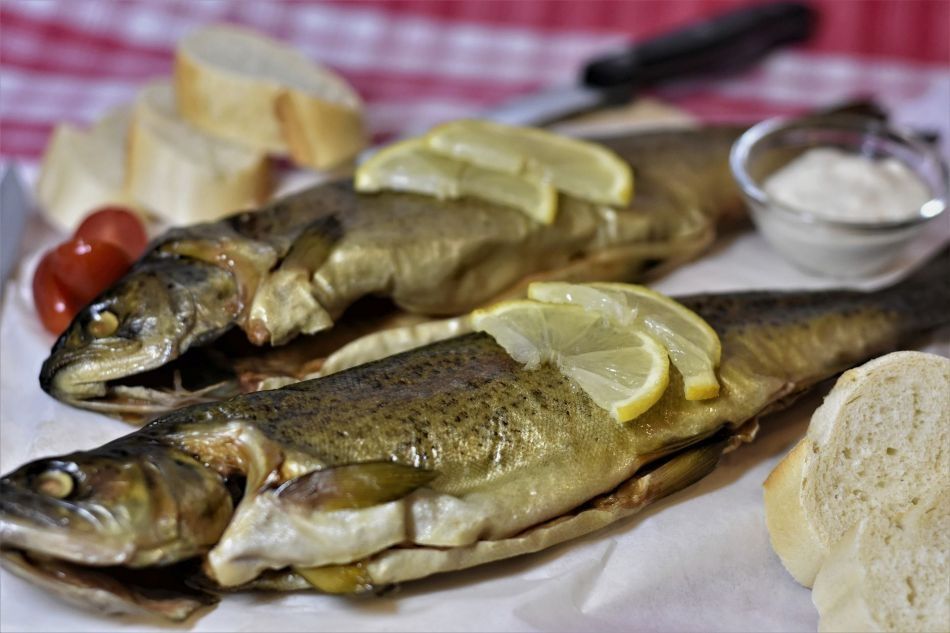 Zwei Fische serviert auf einem Teller mit Zitrone angerichtet